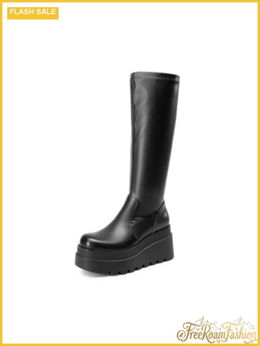 Women's Platform Knee High Round Toe Boots Faux Leather